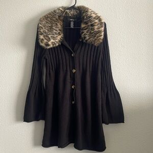Style & Co Leopard Faux Fur Collar Flare Cuff Black Knit Long Cardigan Size M